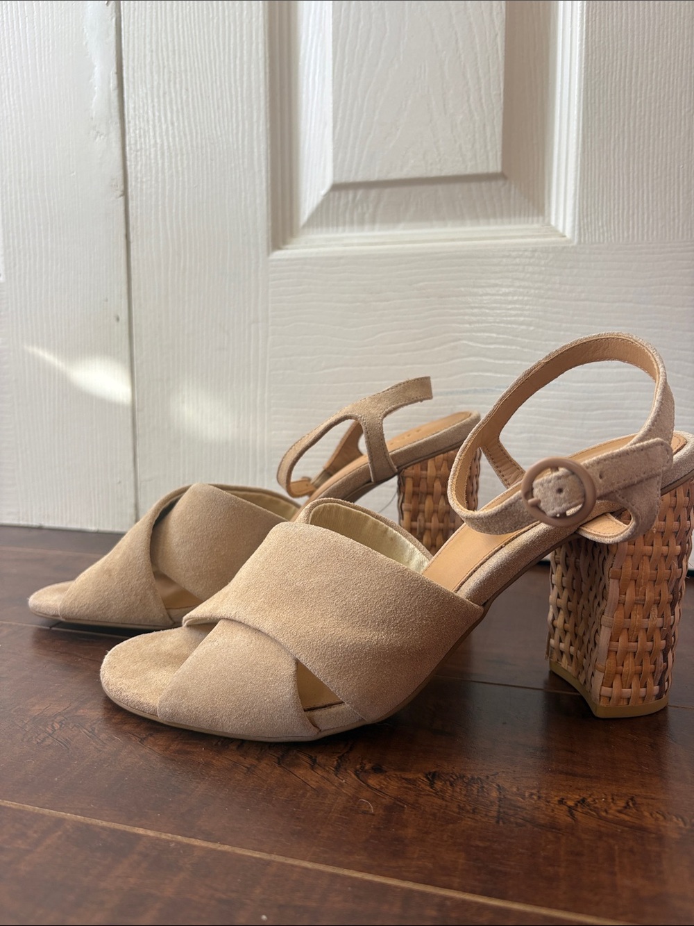 Soludos Beige Suede Crisscross Sandals with Woven Block Heel